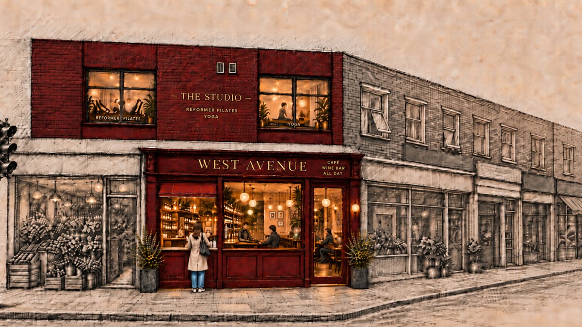 Illustrated West Avenue shopfront in Pudsey with café and wine bar downstairs and The Studio upstairs